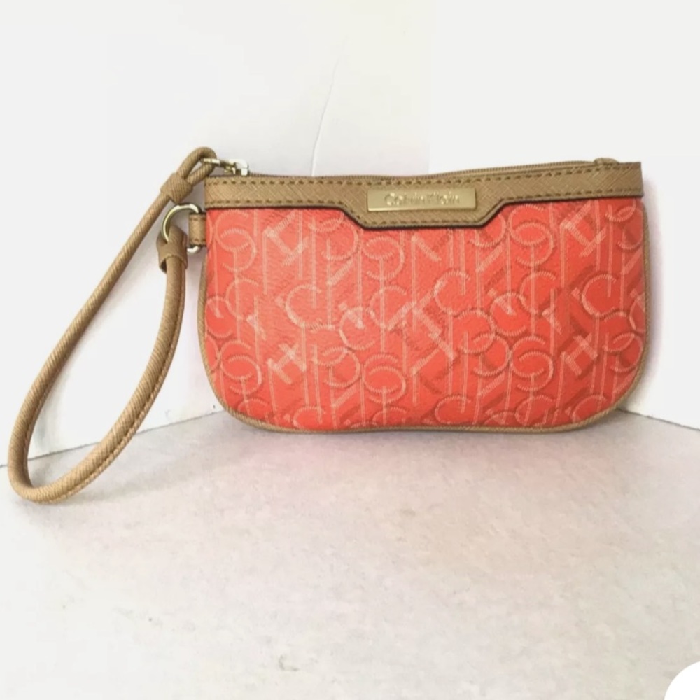Calvin Klein Wristlet Women’s zipper coin purse 5x7 Orange W/Tan Trim w/CK logo